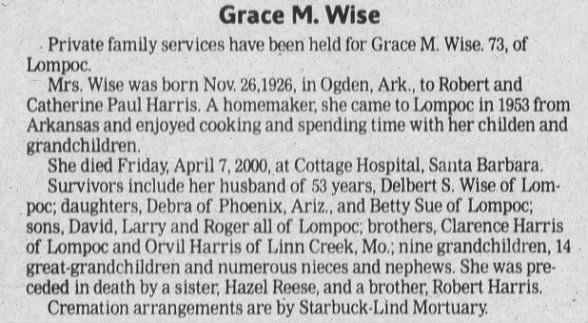 Obituary for Grace M. Wise, 1926-2000 (Aged 73)